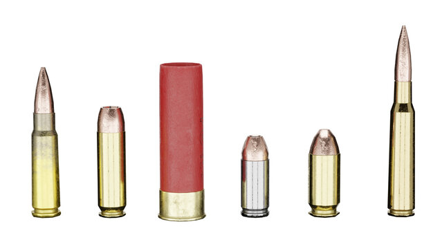 3D rendering of different ammunition on a white background
