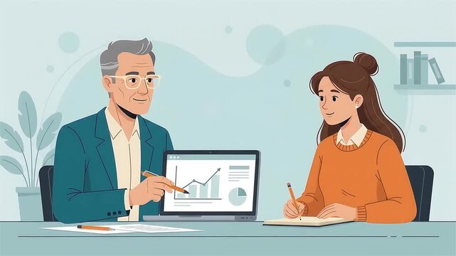 Business Mentorship Meeting: Senior Man Guides Young Woman in Data Analysis and Strategy
