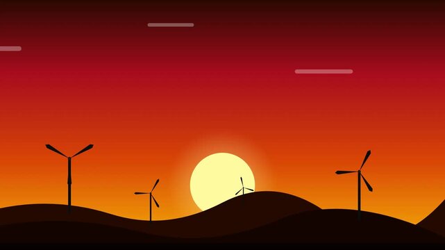 wind farm sunset horizon flat vector animation