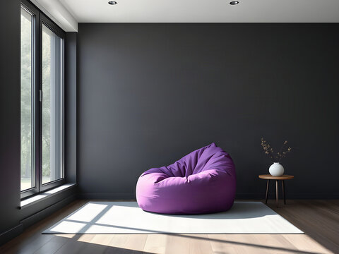 modern minimalist living room interior with a single violet bean bag chair