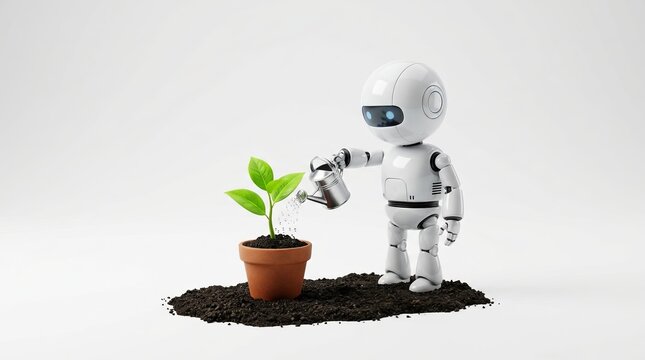 A Cute Mini White Robot Watering A Small Green Plant Sprouting From Dark Soil Isolated On White