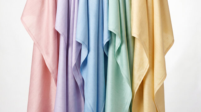 This image features an elegant arrangement of pastel colored fabrics cascading softly together, creating a harmonious composition that highlights the textures and colors of the textiles.