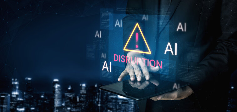 Disruption warning future of work, featuring AI agents replacing human jobs. Represents labor unemployment, corporate automation cost shift, and need for new career reskilling and upskilling. Corpus