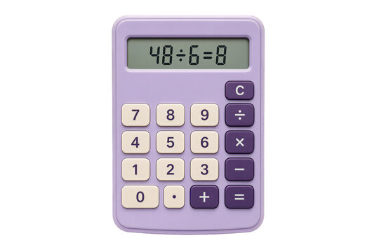 Purple electronic calculator showing math division result on digital screen, isolated on black background, studio lighting.