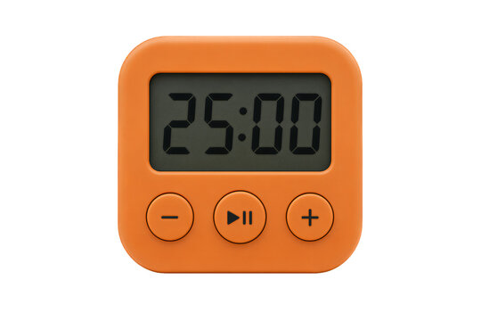 Orange digital timer displaying twenty five minutes on black background, square electronic countdown clock, minimalist design, bright studio lighting.