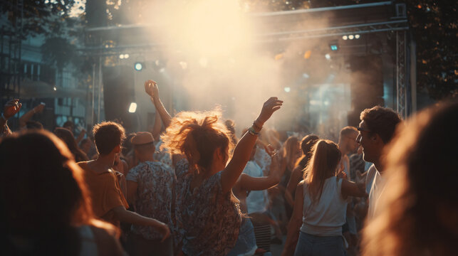 Festival Energy: A vibrant crowd dances with hands raised under bright stage lights at an outdoor music festival, capturing the electrifying atmosphere and collective joy of the event.