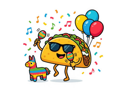 Cute cartoon taco character wearing sunglasses holding maracas and balloons with a colorful pinata isolated on transparent background