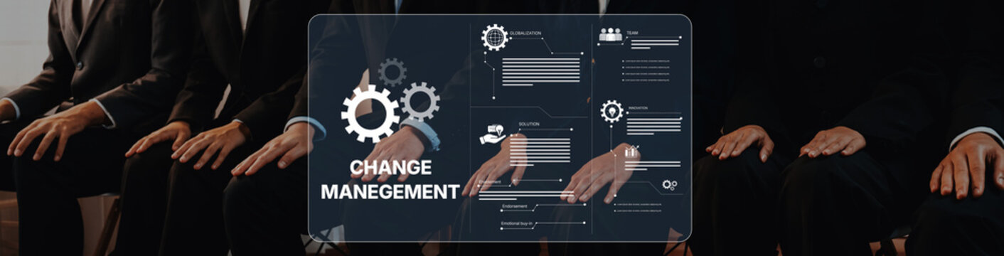 Hands of business professionals in a meeting room focus on change management. Visual elements illustrate dynamic strategies for corporate growth and innovation. Trope