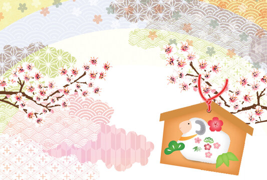 桜の花と絵馬が描かれた伝統的な和風デザインフレーム