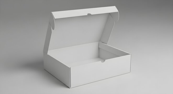Empty white box with hinged lid stands open, highlighting sleek and versatile packaging for product display.