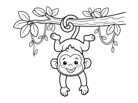 Cute monkey on tree coloring page