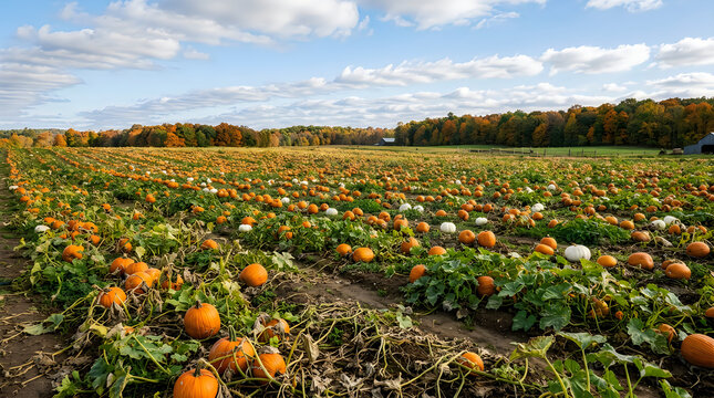 Autumn pumpkin patch field at harvest time under blue sky with agriculture