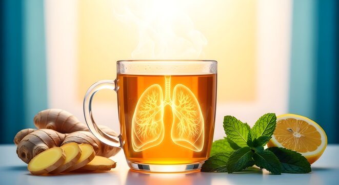 Warm golden ginger tea with lung silhouette steam served beside fresh ginger, lemon, and mint.