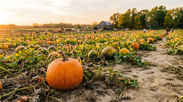 Autumn pumpkin patch at sunset on rural farm with agriculture, seasonal