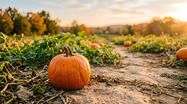 Single ripe pumpkin in fall harvest field at golden hour with sunlight, seasonal