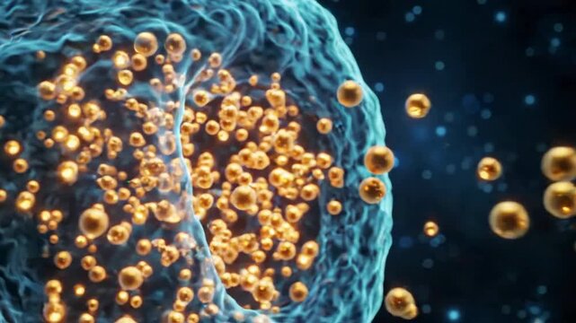 Microscopic biological cell releasing golden particles, exocytosis process animation for medical research and pharmaceutical science