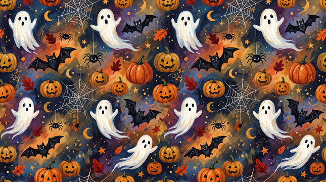 Cute halloween seamless pattern with ghosts, pumpkins, autumn leaves, and spooky decorative elements arranged in a colorful repeat-style composition.
