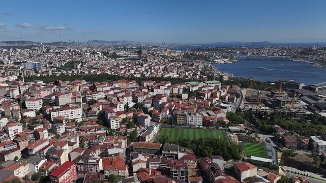 Breathtaking Aerial View of the Golden Horn in Istanbul. A stunning drone shot showcasing the historical Golden Horn (Halic) estuary in Istanbul, Turkey. The image captures the iconic bridges.