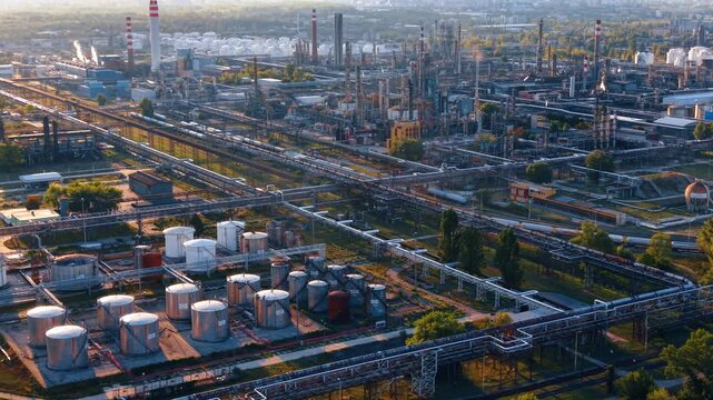 High angle view of oil refinery pipelines. Steel pipes and cylindrical storage tanks cover an industrial processing site.