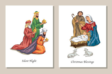 Fototapeta premium Christmas Nativity Scene of Baby Jesus with Mary and Joseph, three kings with gifts greeting card set. 