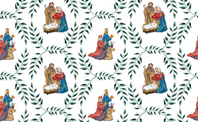 Fototapeta premium Christmas Nativity Scene of Baby Jesus with Mary and Joseph, three kings with gifts wreath seamless pattern. 