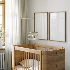 Mock up frame in unisex children room with wooden furniture and natural tones, 3d render © artjafara