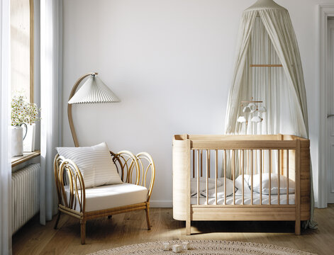 Unisex children room with wooden furniture and natural tones, wall mockup, 3d render