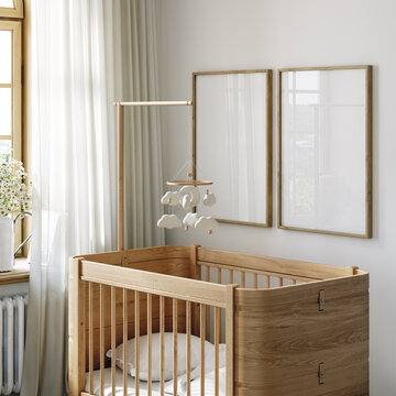 Mock up frame in unisex children room with wooden furniture and natural tones, 3d render