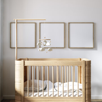 Mock up frame in unisex children room with wooden furniture and natural tones, 3d render