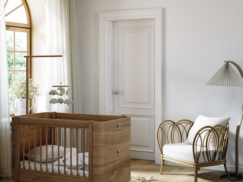 Unisex children room with wooden furniture and natural tones, wall mockup, 3d render