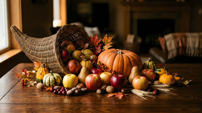 Rustic autumn cornucopia filled with seasonal harvest fruits and vegetables