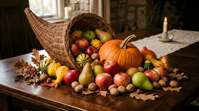 Decorative cornucopia with fresh fall fruits for thanksgiving table decor