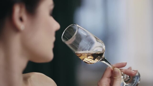 Portrait of beautiful woman holding a glass of champagne wine with elegance and sophistication
