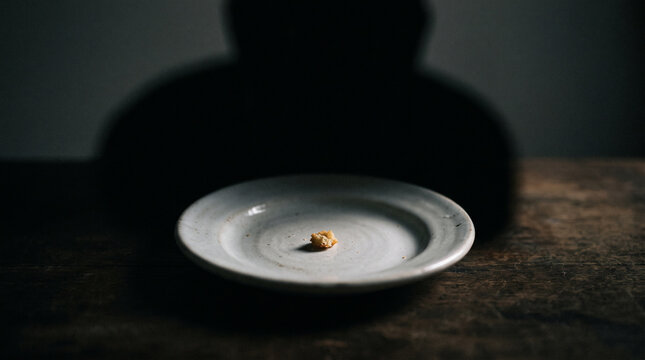 Silhouette of a woman sitting in front of a plate with a single crumb. Concept of anorexia, starvation, and eating disorder. Psychological struggle, food restriction, and mental health.