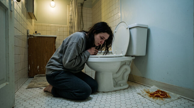 Woman suffering from bulimia kneeling in front of toilet in bathroom. Desperate girl experiencing mental health struggle, shame and physical pain of disordered eating. Illness symptom.