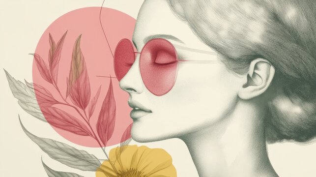 Trendy Illustration of a Stylish Woman with Floral Elements and Pink Sunglasses for Modern Decor