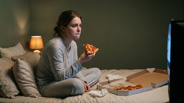 Woman sitting on bed with pizza box watching television. Concept of binge eating disorder and emotional eating. Unhealthy relationship with food, mental health struggle and isolation.
