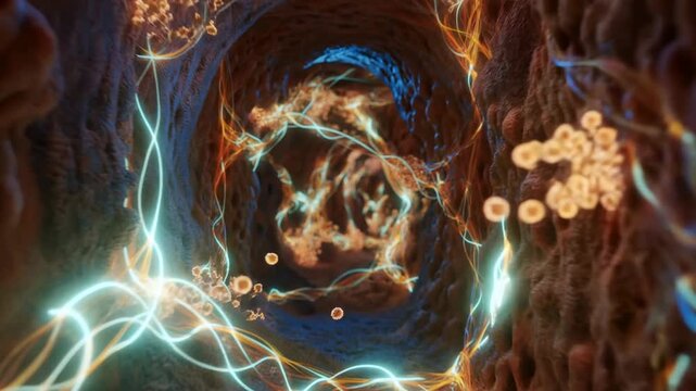 Glowing blue and amber filaments weave through textured organic tunnel as viewpoint advances toward swirling center, with drifting particles and luminous strands lining dark ribbed walls