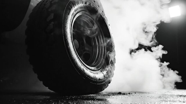Black and white close up of a vehicle tire doing a burnout generating tire smoke on dark asphalt