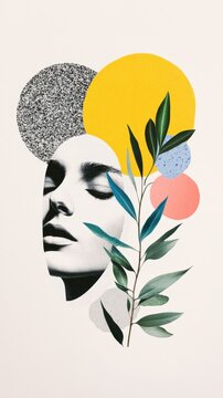 Contemporary Art Illustration Featuring a Serene Face Surrounded by Colorful Shapes and Nature Elements