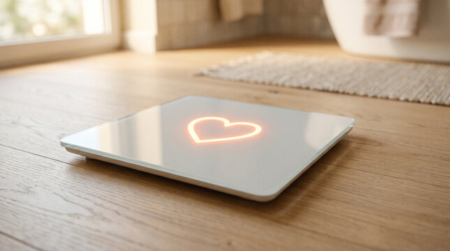 Bathroom scale with red glowing heart icon on floor. Concept of body acceptance, self-love and mental health. Healthy relationship with weight and diet in recovery from eating disorder.