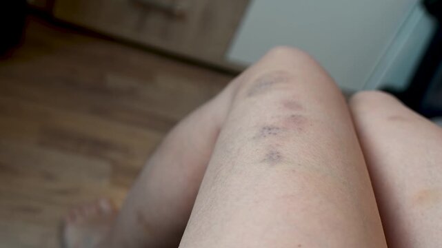 Violence against women.
Woman with bruises on her legs. Girl with injuries on her body. Bruises on the woman's body.