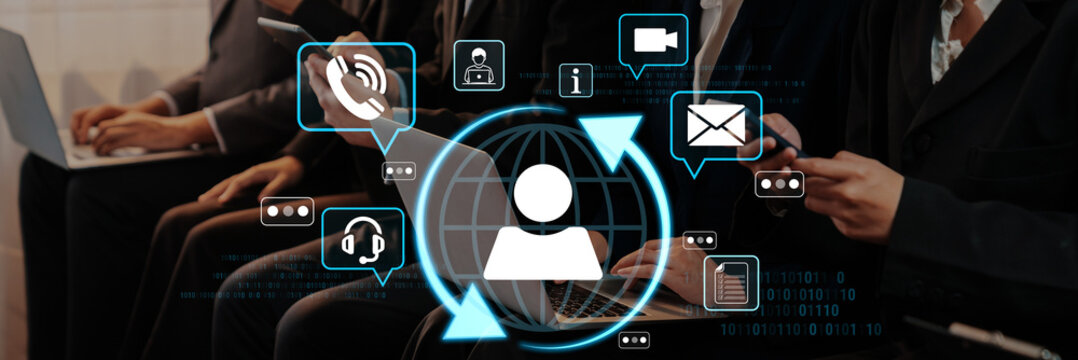 A captivating image depicting people engaged with technology, showcasing various digital icons that represent modern communication methods and connectivity in the digital age. Nascent