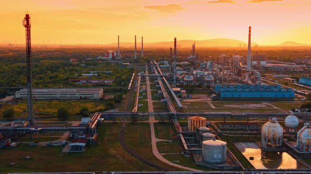 Spherical gas tanks and railway tracks in refinery. Aerial perspective of round storage containers, train lines, pipe alleys, orange sunset sky.