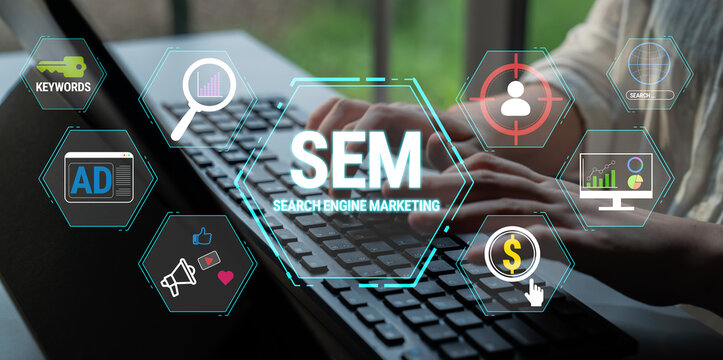 Hands Typing on Laptop with Icons Representing Search Engine Marketing Concepts Visualized with Technology Graphics and Data Analysis Elements Fluxor.