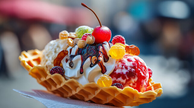 Indulgent Sundae Delight: A decadent ice cream sundae, brimming with scoops of creamy ice cream, rich chocolate sauce, whipped cream, colorful candies, fresh berries, and a bright red cherry on top.