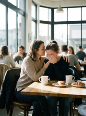 Fototapeta premium A mature Caucasian woman comforting her crying friend while sitting at a cafe table in the daytime.