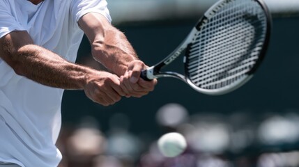 Fototapeta premium Male tennis player in white shirt swings racket to hit ball during match on outdoor court