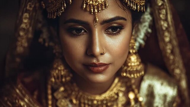 Indian bride in traditional gold jewelry and red attire.