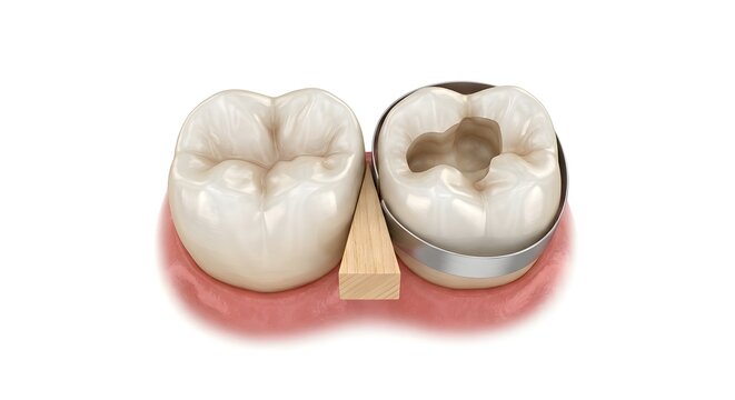 3D Render of Dental Cavity Preparation with Metal Matrix Band and Wooden Wedge for Tooth Restoration